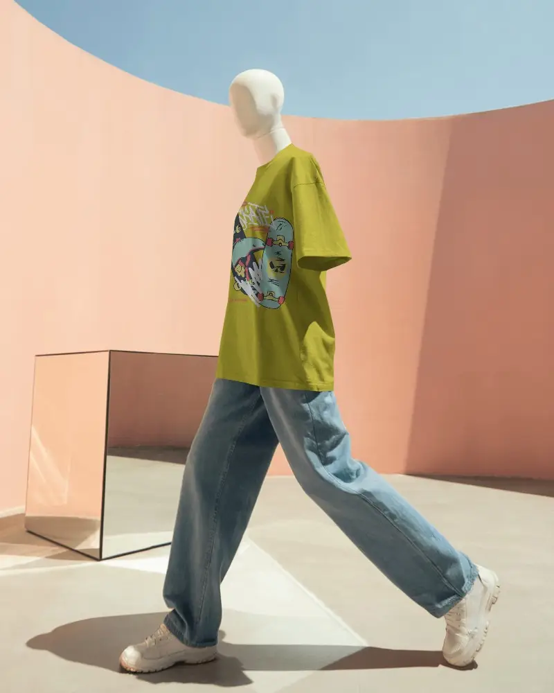 Modern Architecture Background Tshirt Mockup Full Body Display With Sunlight Shadow And Mirrored Cube Reflection