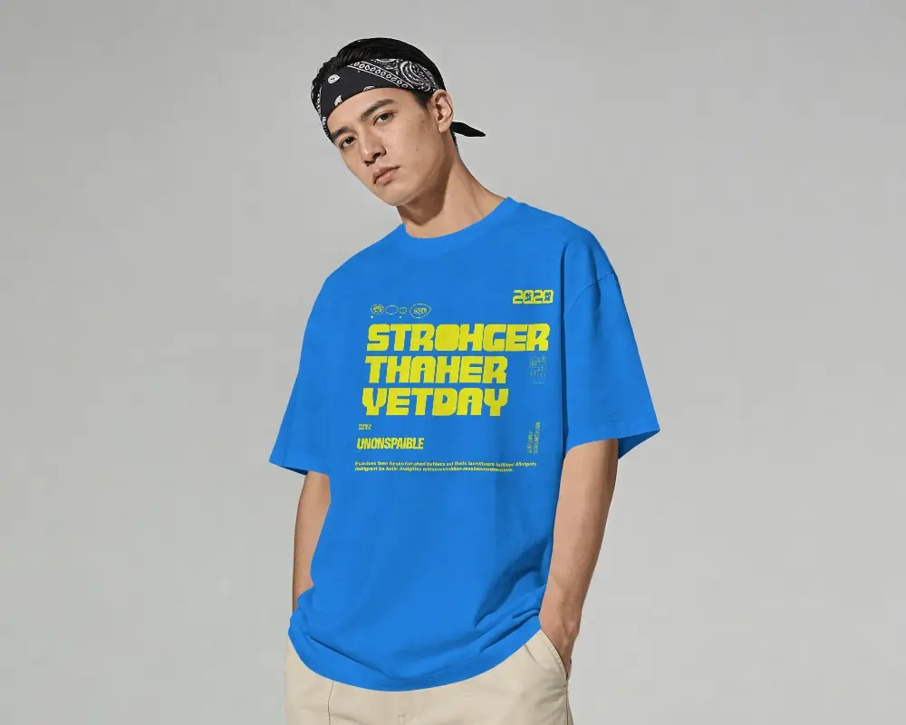 Minimal Studio T Shirt Mockup Male Model Standing Relaxed Pose Bandana Headwear Clean Background