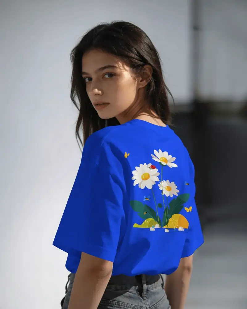 Soft Sunlight T Shirt Mockup Female Model Back Pose Looking Over Shoulder Natural Light