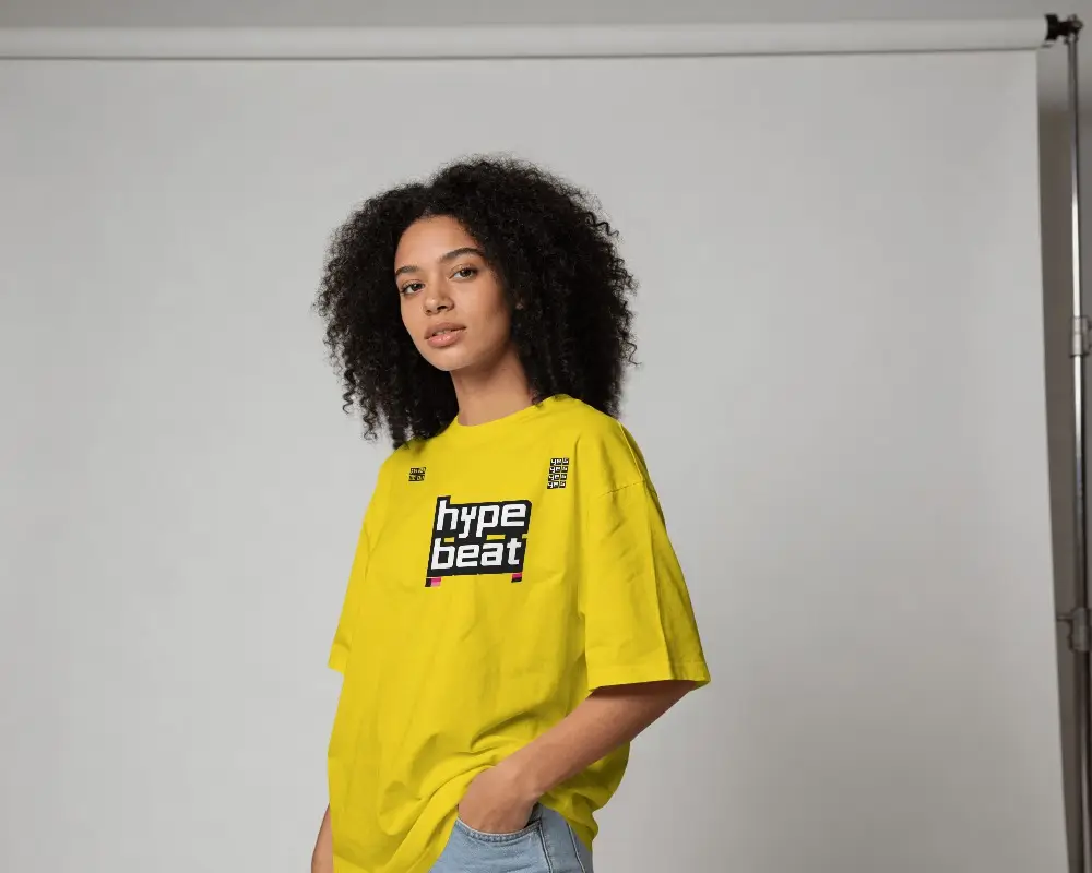 Studio Backdrop T Shirt Mockup Female Model Standing Relaxed Pose Clean Roll Background