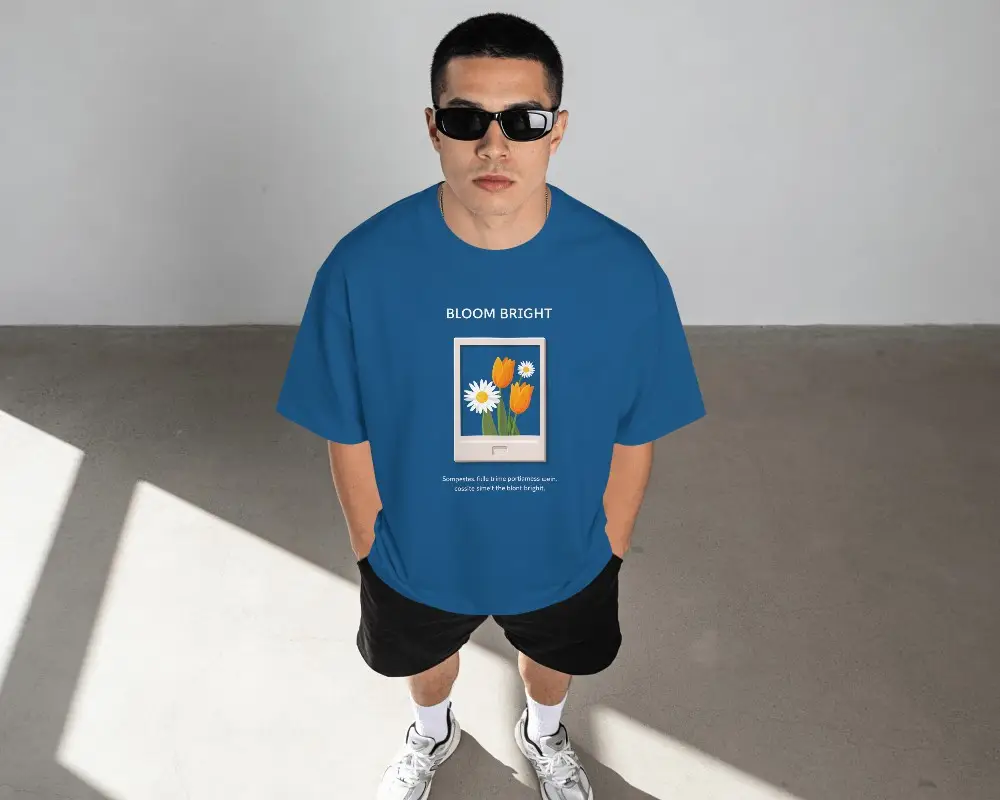 Top View T Shirt Mockup Male Model Standing Looking Up Clean Studio Floor Light Shadow