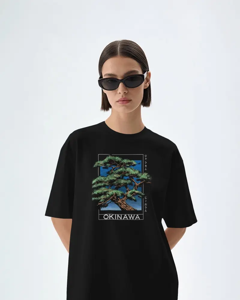 Front Portrait T Shirt Mockup Female Model Standing Sunglasses Clean Minimal Studio Background