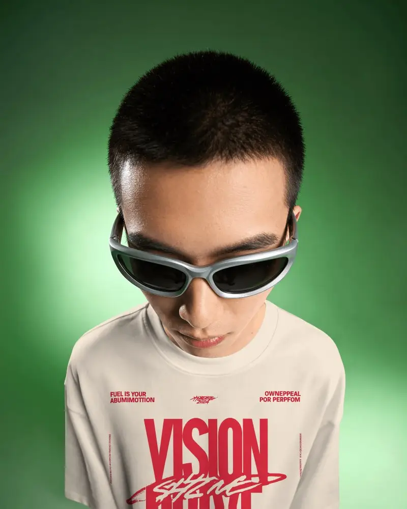 Top Down Portrait T Shirt Mockup Male Model Looking Down Sunglasses Green Gradient Background