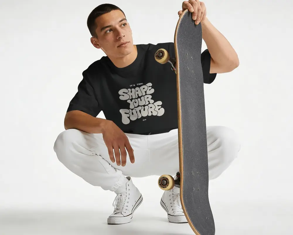 Skateboard Lifestyle T Shirt Mockup Male Model Squatting Holding Skateboard Clean Studio