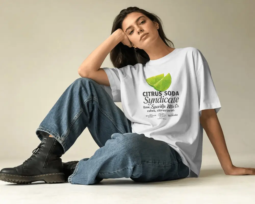 Relaxed Lifestyle T Shirt Mockup Female Model Sitting Floor Hand On Head Soft Lighting
