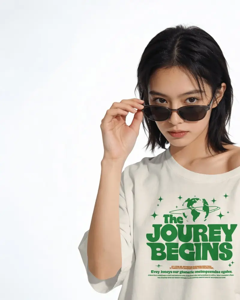 Closeup T Shirt Mockup Female Model Adjusting Sunglasses Confident Look Clean Studio
