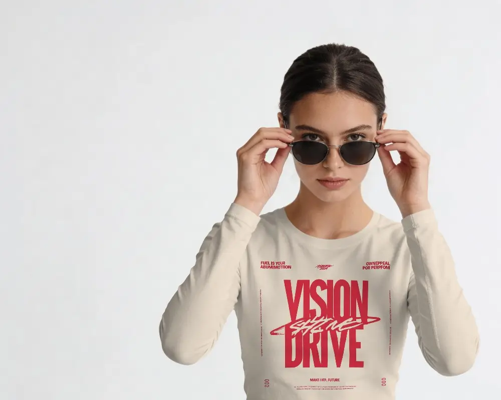 Front Closeup T Shirt Mockup Female Model Adjusting Sunglasses Both Hands Clean Studio