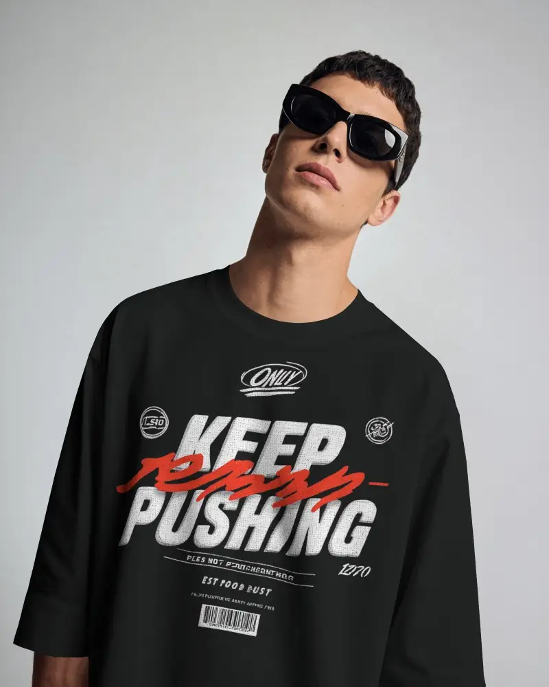 Tilted Portrait T Shirt Mockup Male Model Head Tilt Sunglasses Clean Minimal Background