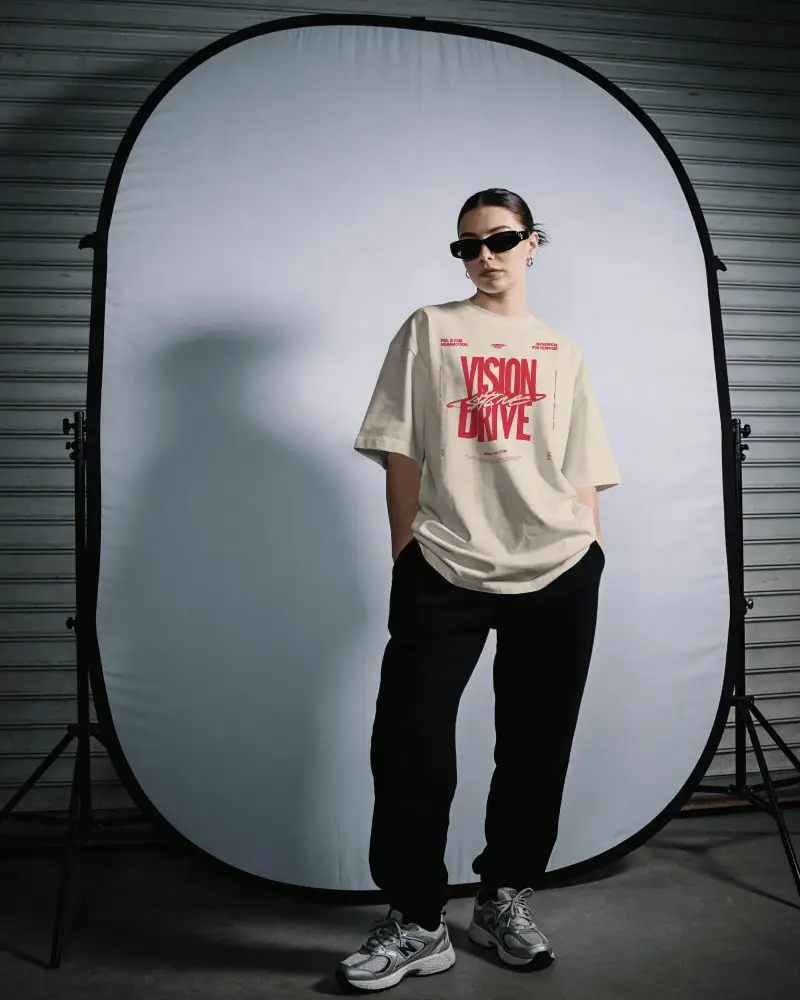 Studio Setup T Shirt Mockup Female Model Standing With Backdrop Frame Clean Lighting
