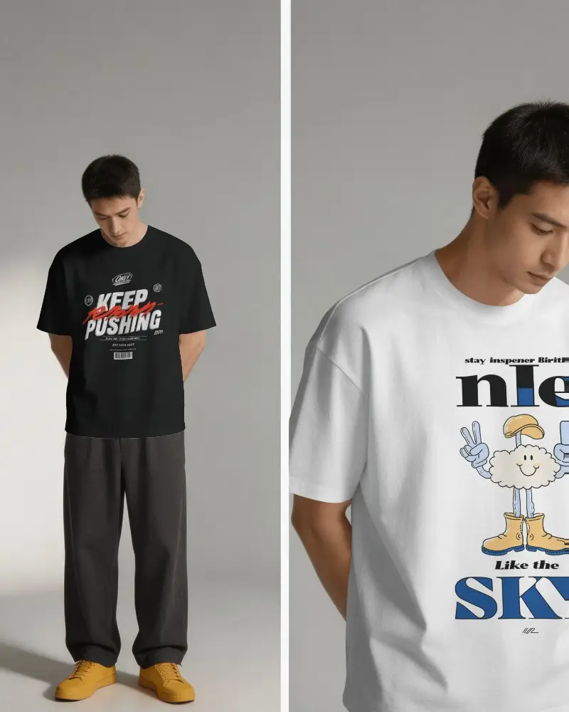 Split View T Shirt Mockup Male Model Full Body And Closeup Combination Clean Studio