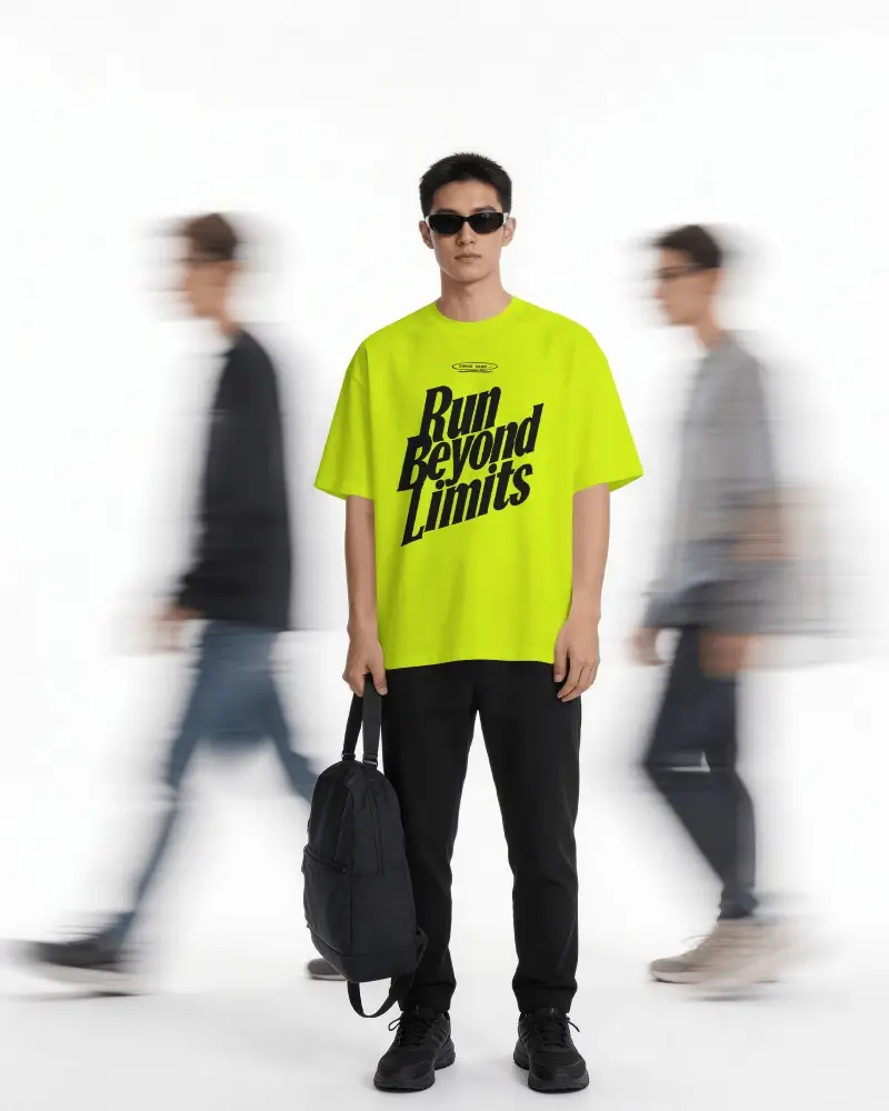 Motion Blur T Shirt Mockup Male Model Standing Still People Moving Background Clean Studio