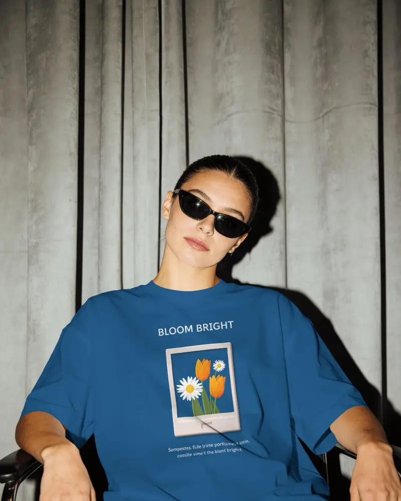 Editorial T Shirt Mockup On Model With Moody Lighting And Draped Backdrop Shadow Contrast