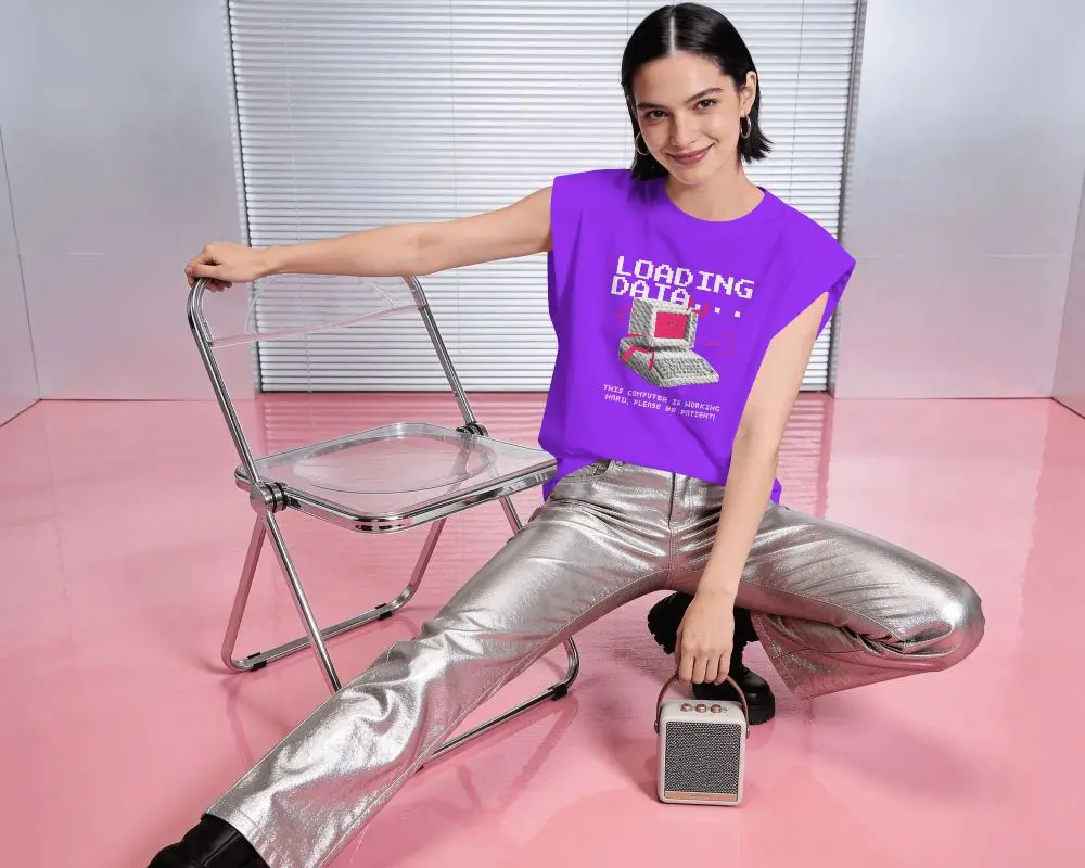 Fashion T Shirt Mockup On Model With Playful Pose And Colorful Studio Background And Soft Light