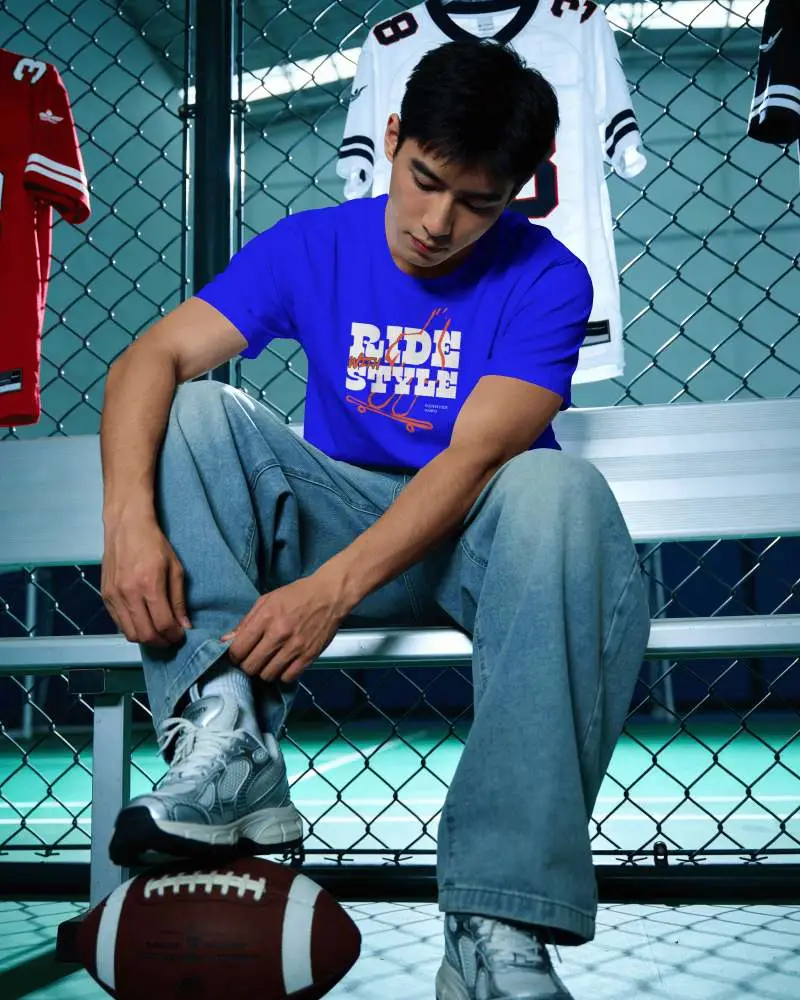 Sports Lifestyle T Shirt Mockup On Model With Locker Room Bench And Athletic Vibe
