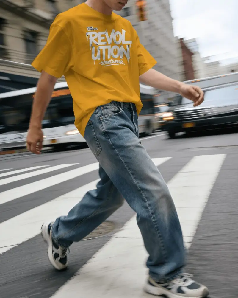 Street Crosswalk T Shirt Mockup On Model With Walking Motion And Urban Background