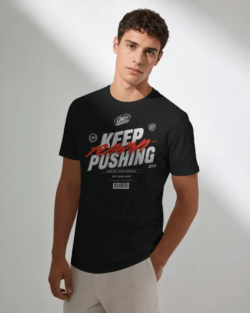 Studio T Shirt Mockup On Model With Diagonal Light Shadow And Clean Efined Shadow Effect