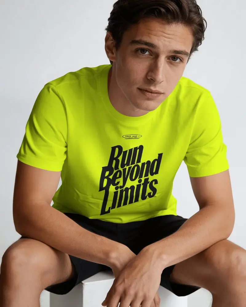 Closeup T Shirt Mockup On Model With Seated Pose And Clean Studio Background Aesthetic
