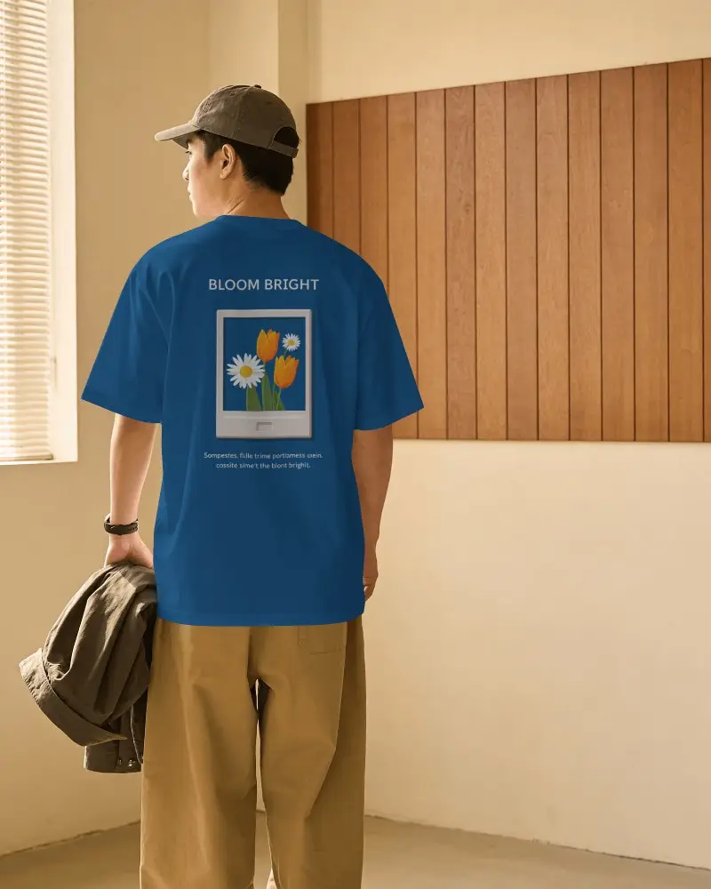 Back View T Shirt Mockup On Model With Natural Window Light And Minimal Interior