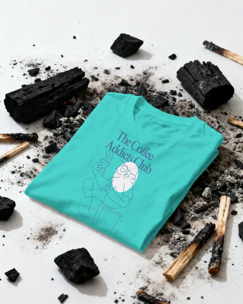 Folded Minimalist Blank Tshirt Mockup Surrounded By Charcoal Pieces And Ash Particles