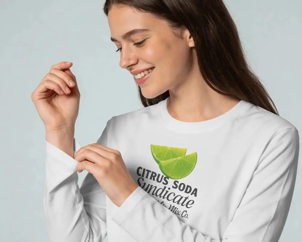 Smiling Woman Wearing Long Sleeve Soft Comfortable Fitted Cotton Tshirt Mockup