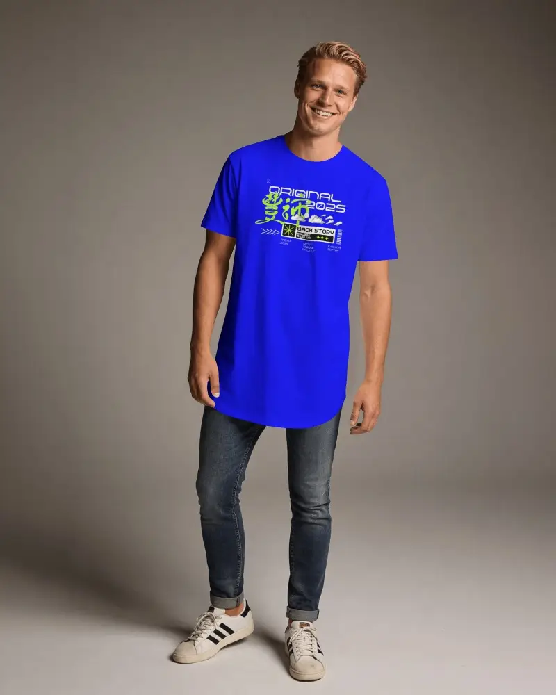 Full Body T Shirt Mockup Male Model Smiling In Clean Grey Studio Setting And Casual Pose