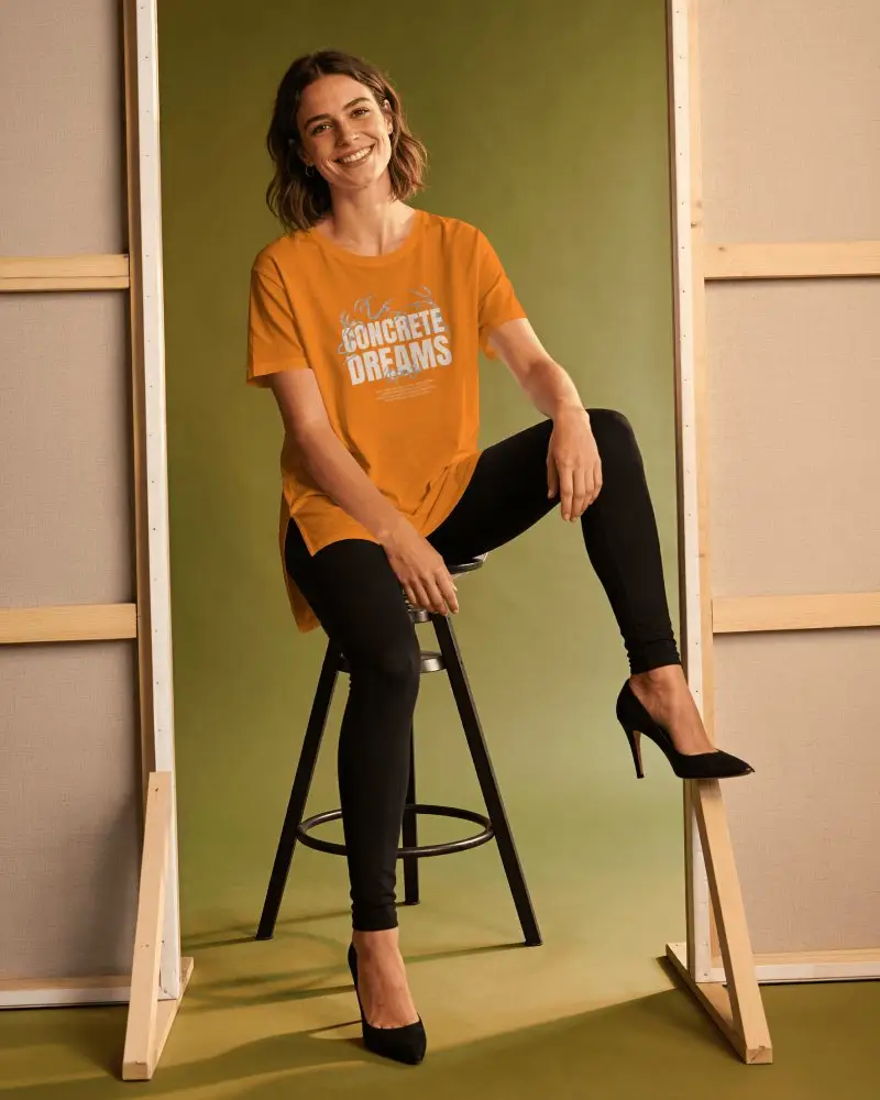 Studio Stool Seated T Shirt Mockup Female Model Smiling Creative Set Design Background