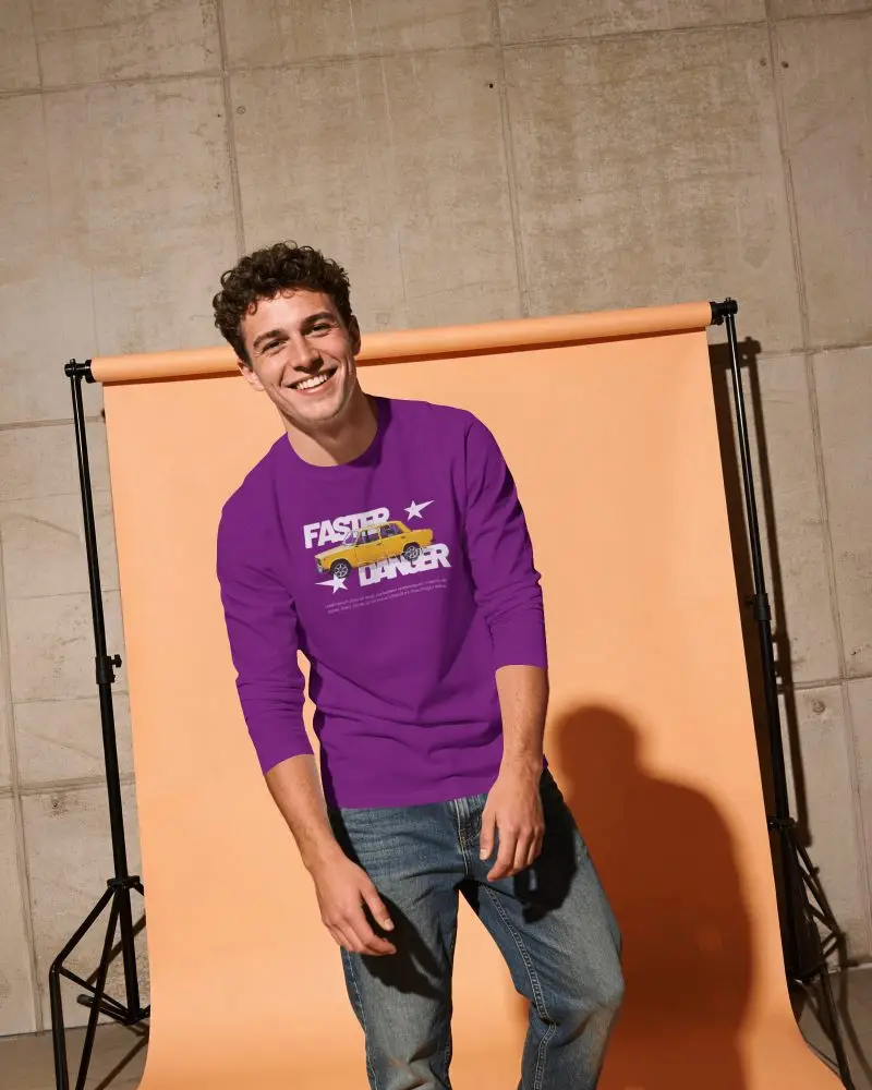 Studio Backdrop T Shirt Mockup Male Model Standing Relaxed Smile Orange Roll Background