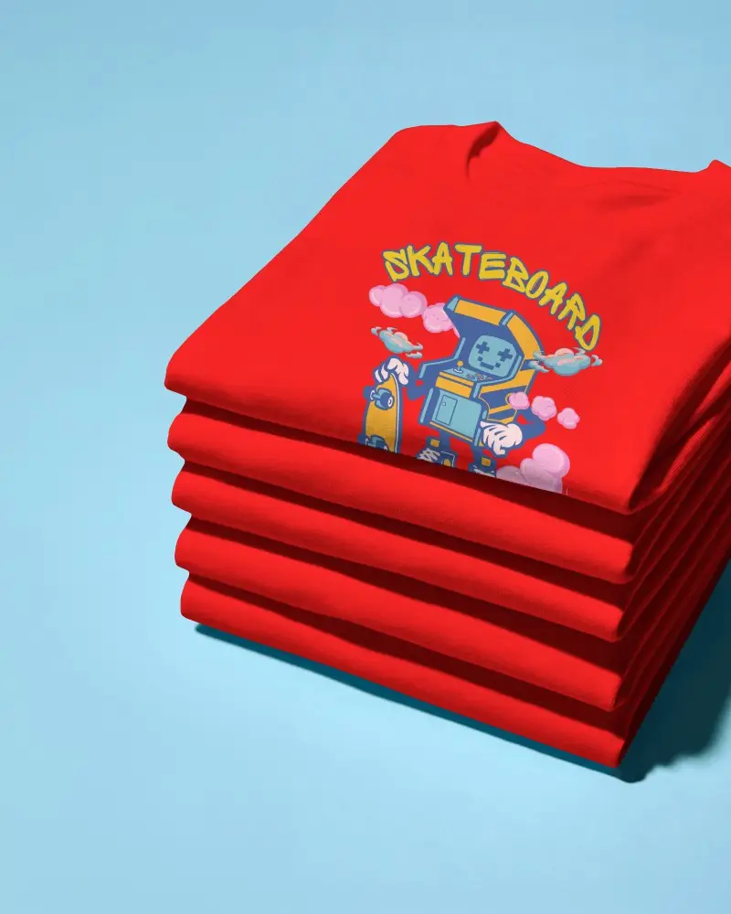 Stacked T Shirt Mockup Folded Clothing Pile On Clean Blue Background Soft Shadow