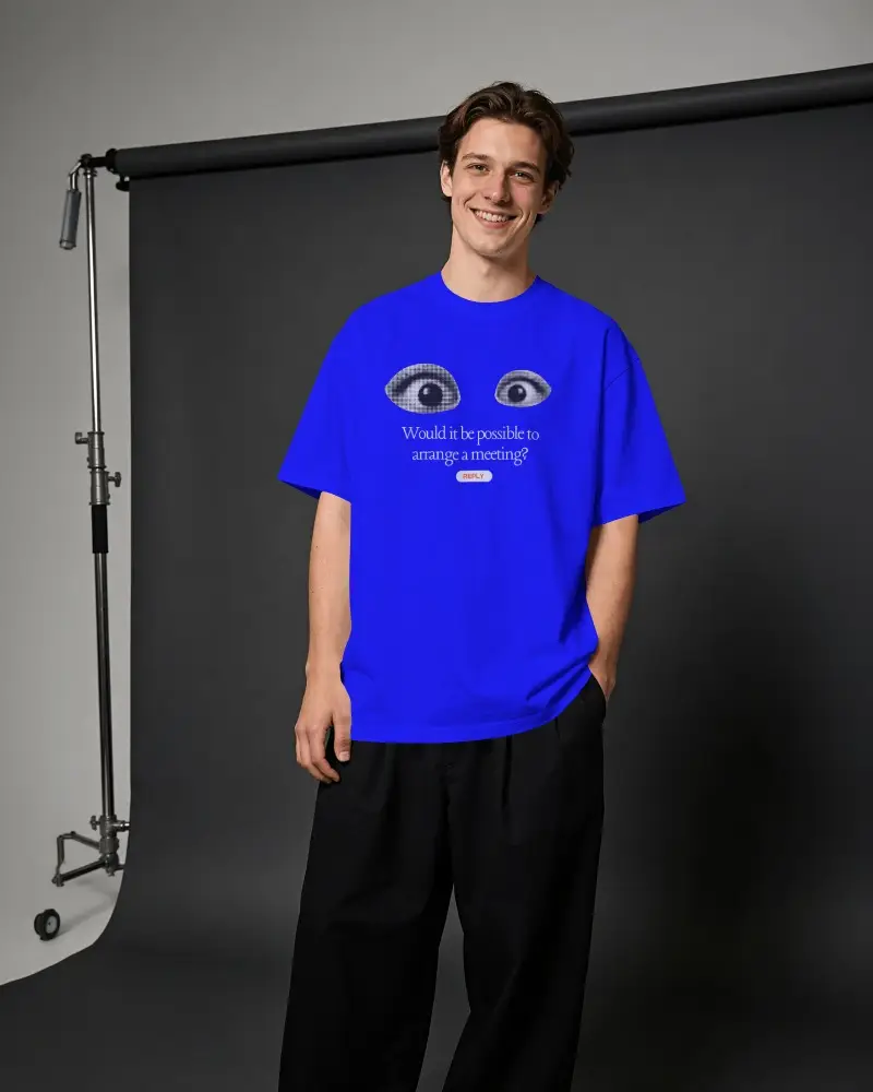 Studio Backdrop T Shirt Mockup Male Model Standing Relaxed Smile Dark Roll Background