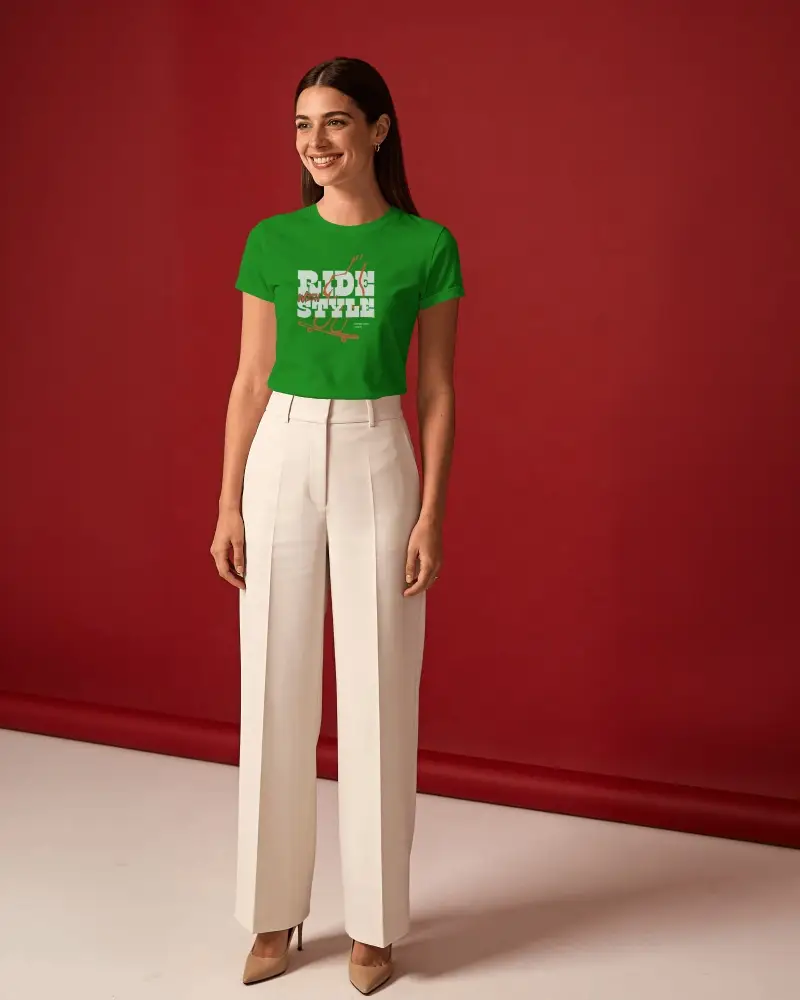 Studio Standing T Shirt Mockup Female Model Red Backdrop Clean Full Body Shot Crisp Detail