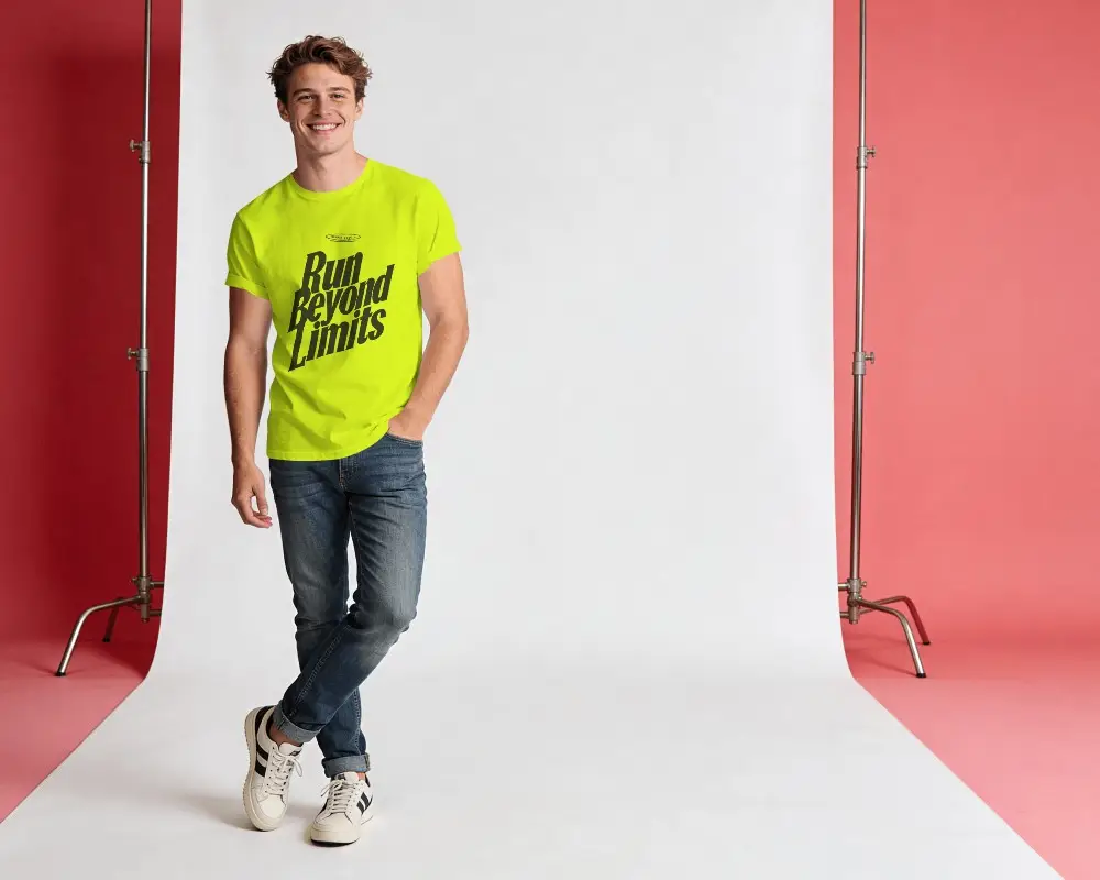 Studio Roll Backdrop T Shirt Mockup Male Model Standing Relaxed Crossed Legs Clean Set