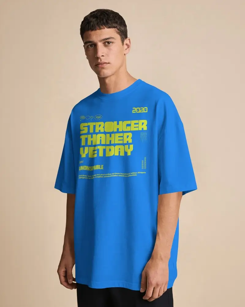 Minimalist Cotton T Shirt Mockup Male Model Wearing Tee In Clean Neutral Beige Studio Setting