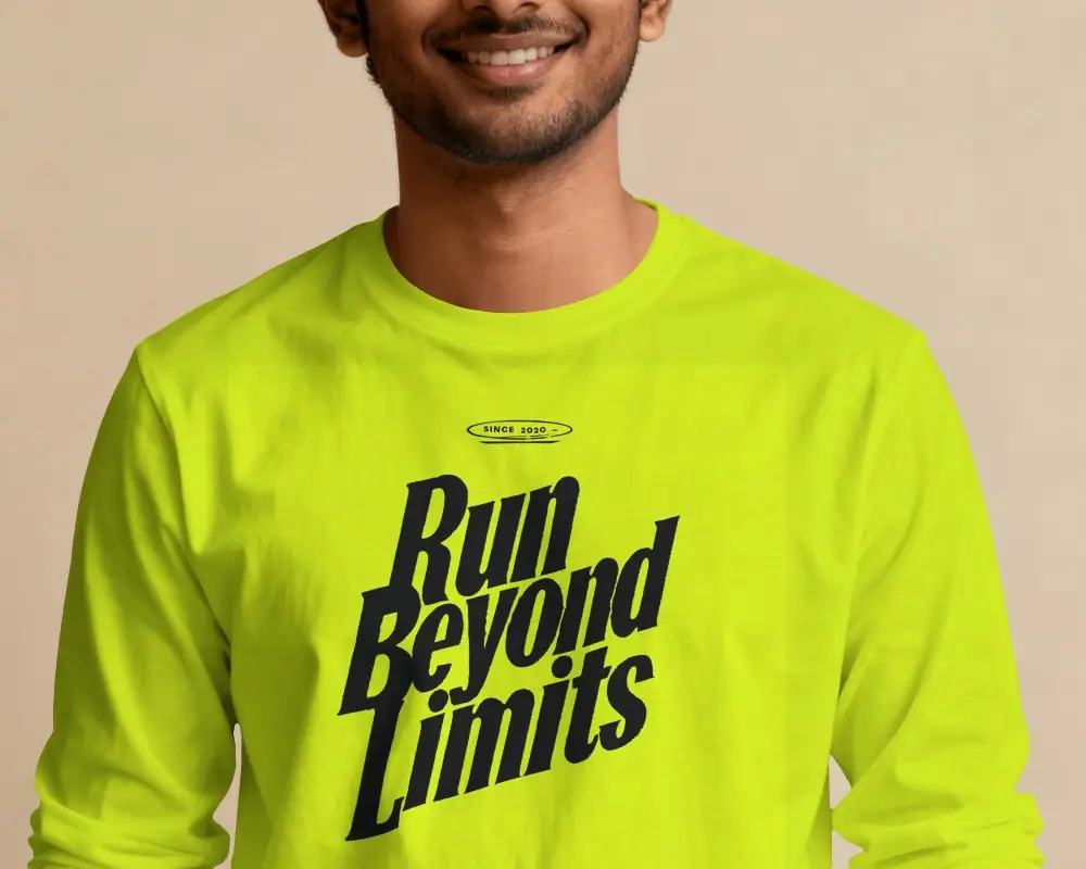 Etsy Long Sleeve T Shirt Mockup Male Model Smiling Close Up Against Warm Beige Studio Background