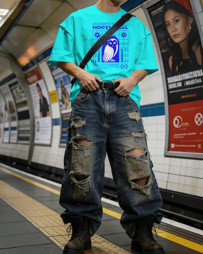 Subway Tshirt Mockup Male Model Standing On Train Platform In Urban Streetwear Outfit