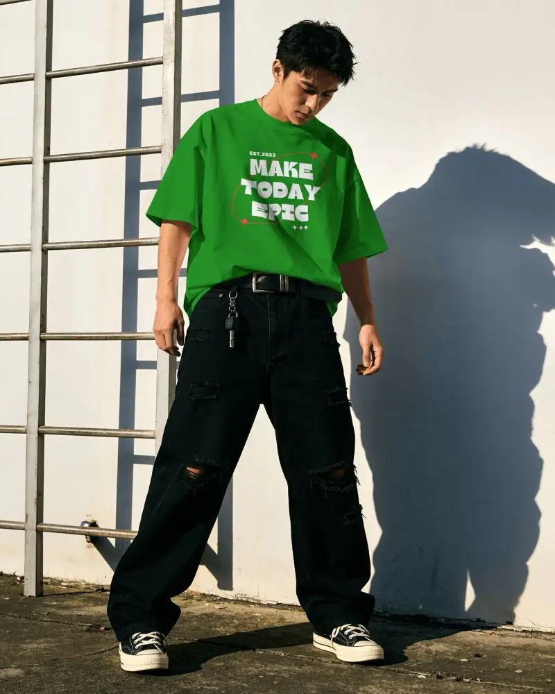 Sunlit Tshirt Mockup Male Model Standing Against White Wall With Ladder Shadow In Urban Streetwear