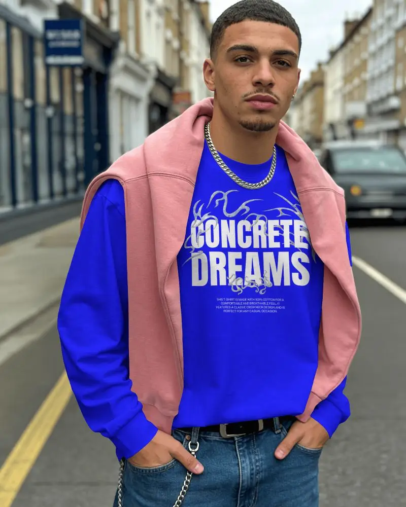 Urban Long Sleeve Tshirt Mockup Male Model Standing On Road With Layered Streetwear Outfit