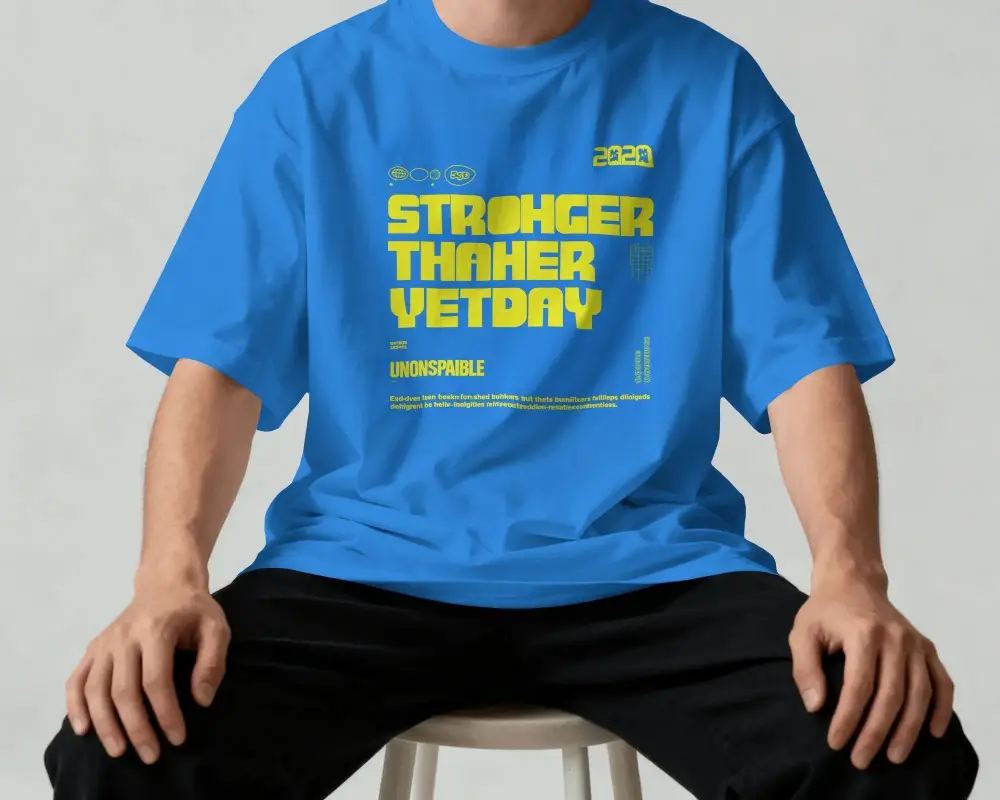 Comfortable Relaxed Fit Plain Basic Tshirt Mockup For Men Seated On Stool Minimalist Style