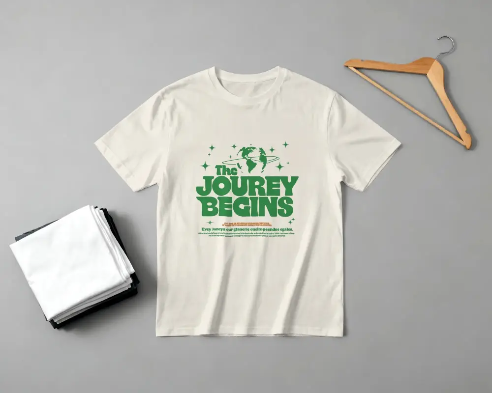 Plain Basic Solid Color Crewneck Tshirt Mockup Flatlay With Folded Shirts And Wooden Hanger