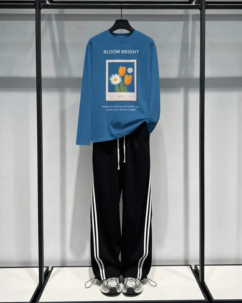 Hanging T Shirt Mockup With Long Sleeve Top Black Track Pants And Minimal Retail Rack Background