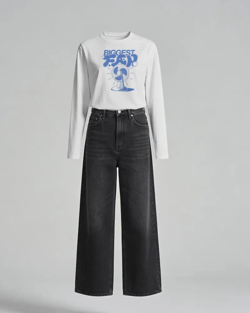 Floating T Shirt Mockup With Long Sleeve Top Wide Leg Jeans And Clean Grey Studio Background