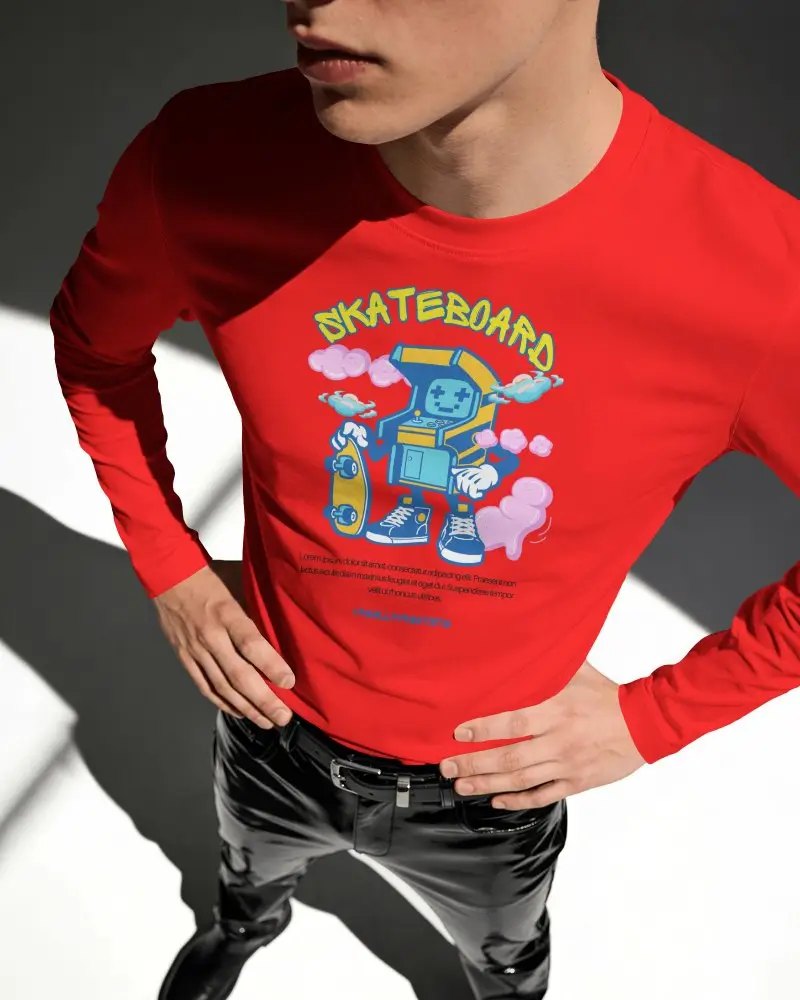 Close Up T Shirt Mockup With Male Model Hands On Waist And Dramatic Top Lighting