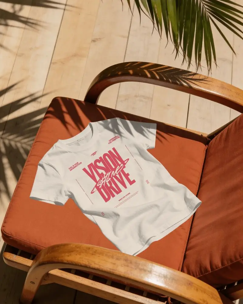 Summer Lounge T Shirt Mockup On Orange Chair With Natural Leaf Shadows And Warm Daylight