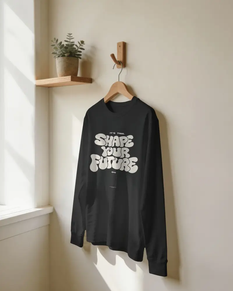 Minimal Interior Long Sleeve Shirt Mockup On Wall Hook With Plant Shelf And Natural Window Light