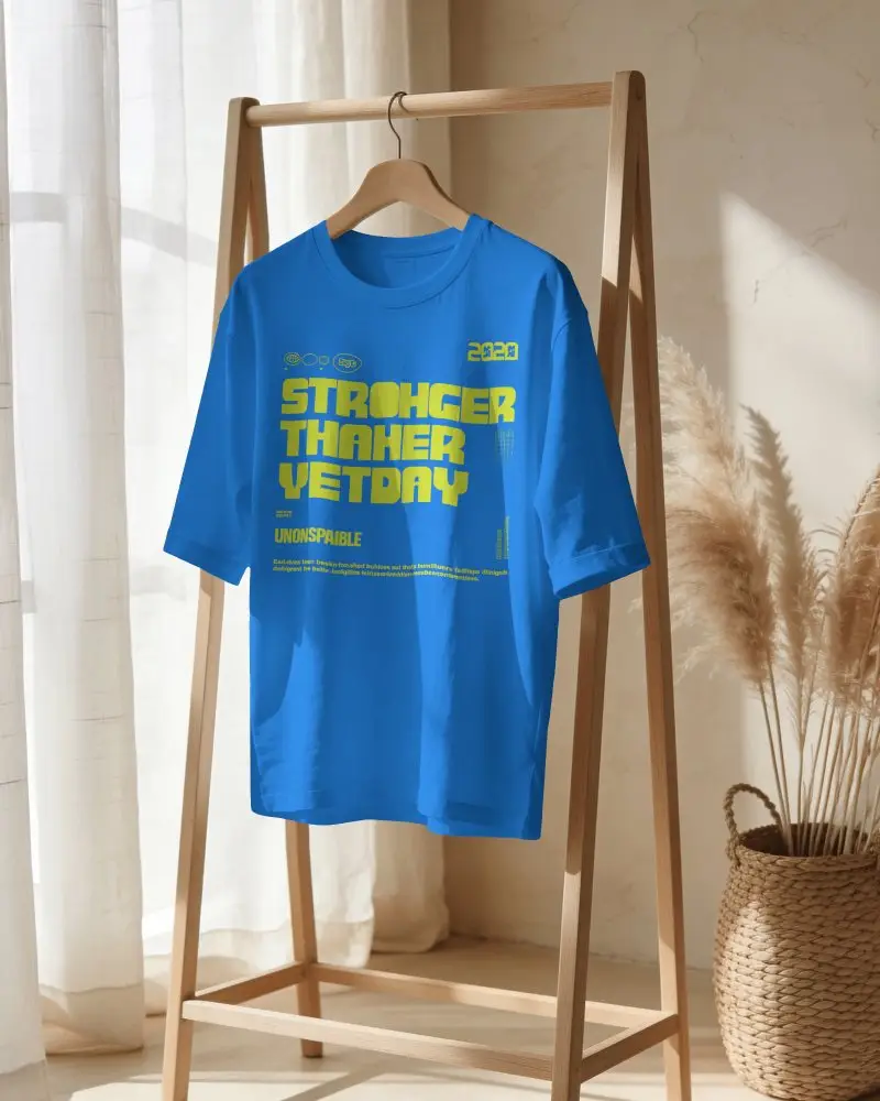 Natural Light T Shirt Mockup On Wooden Clothing Rack With Sheer Curtain And Woven Basket Background