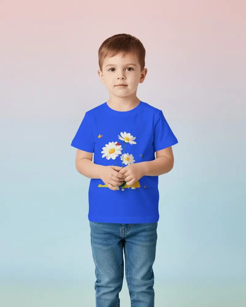 Kids T Shirt Mockup On Young Model Standing Front View With Soft Gradient Studio Background