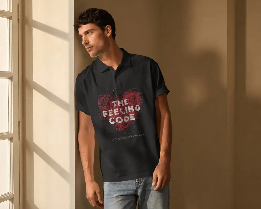Sunlit Interior Polo Shirt Mockup With Male Model Leaning Beside Window Frame Shadows