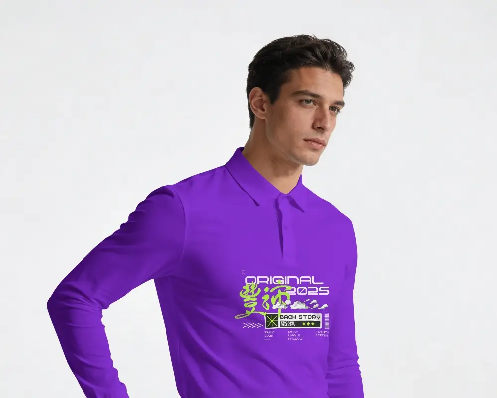 Premium Mens Polo Shirt Mockup With Model Standing In Modern Studio And Soft Editorial Lighting