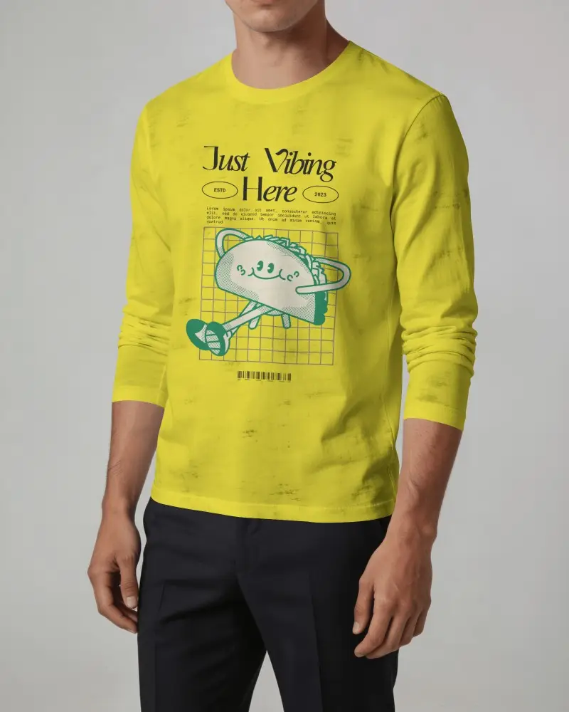 Studio Long Sleeve T Shirt Mockup On Male Model With Cropped Face And Clean Minimal Background