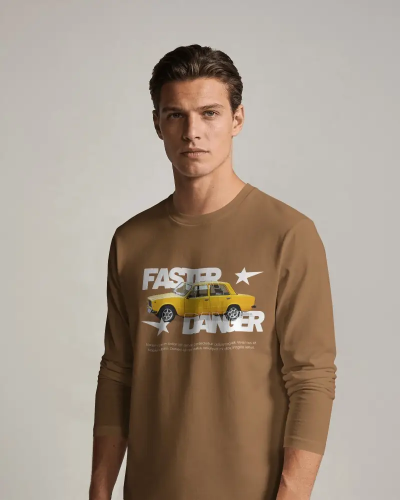 Studio Long Sleeve T Shirt Mockup On Male Model With Front Facing Pose And Clean Minimal Background