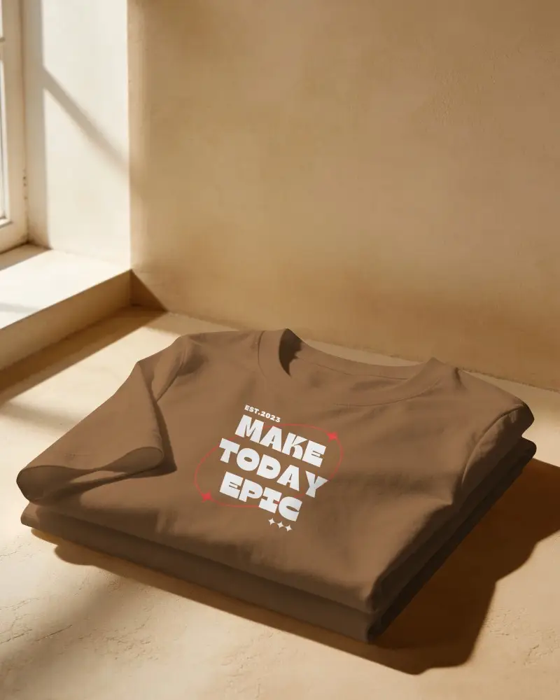 Sunlit Folded T Shirt Mockup On Minimal Window Sill With Warm Wall Shadow And Clean Interior